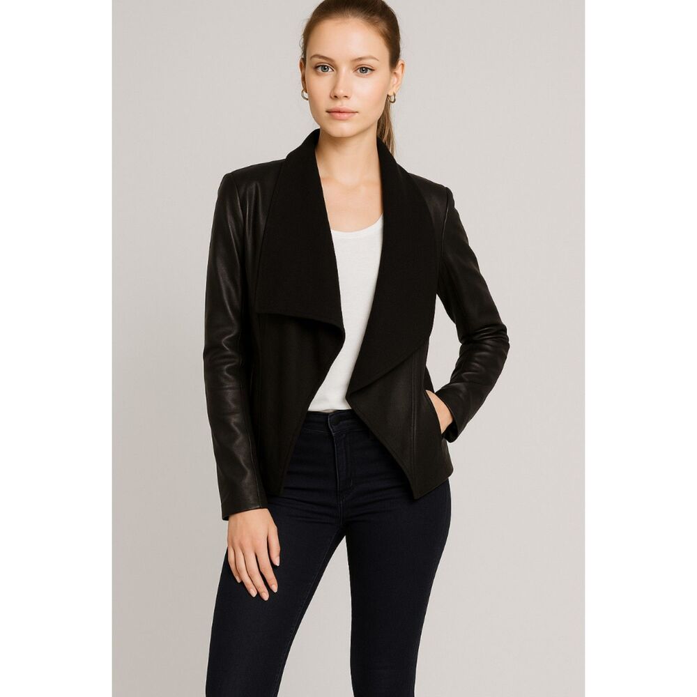 Rafaella black vegan leather and ponte drape front jacket size large NWT